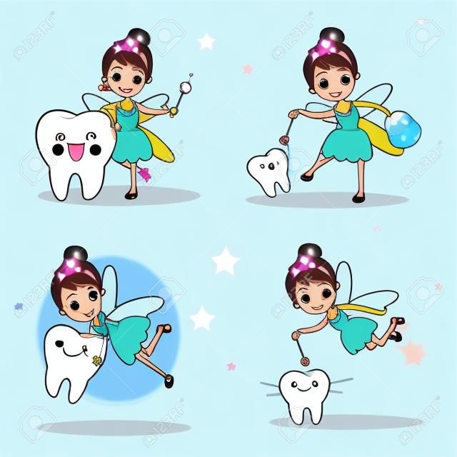 Cartoon Zahn mit Zahnfee und Zauberstab