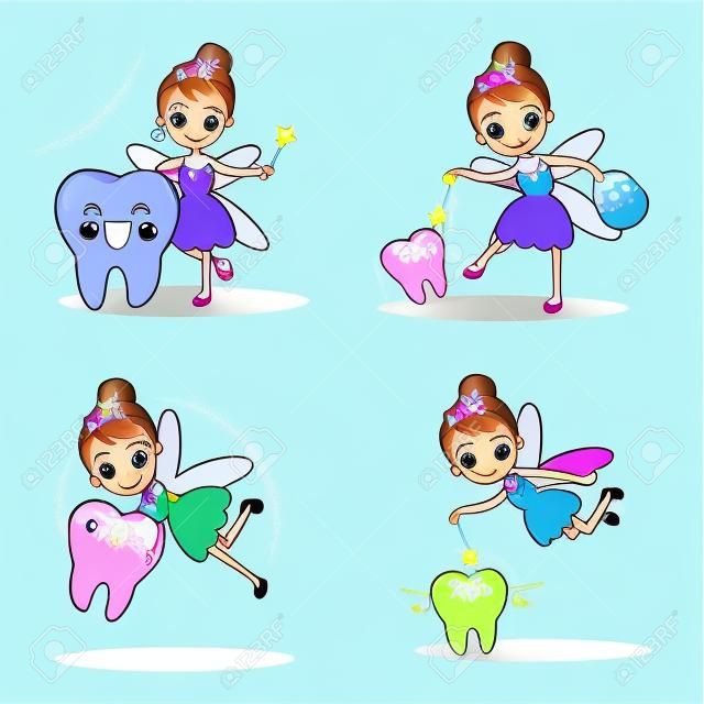 cartoon tooth with tooth fairy and magic wand