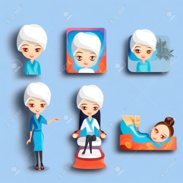 Мультфильм женщина, спа-центр на синем фоне.