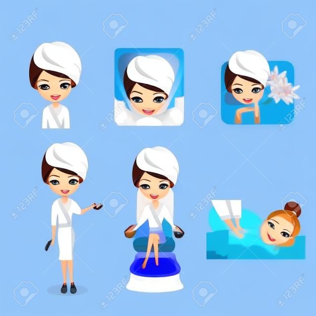 Mujer de dibujos animados con spa sobre fondo azul.