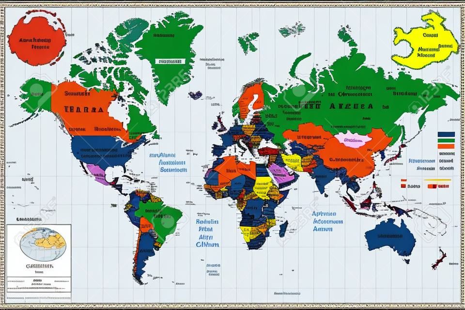 Global political map of the world. Highly detailed map with borders, countries and cities. Each country is on a separate layer and is editable.