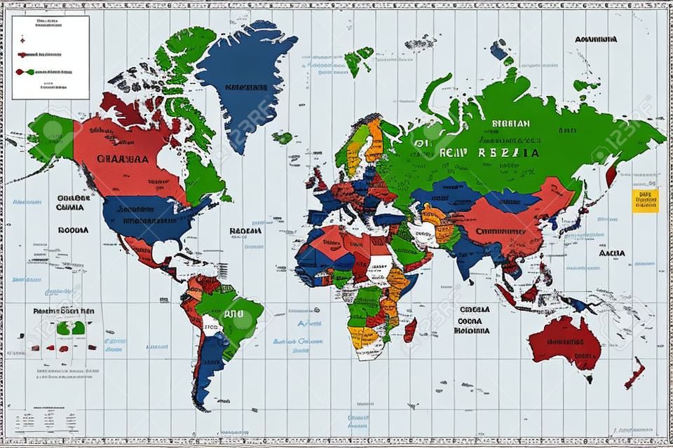 Carte politique globale du monde. Carte très détaillée avec frontières, pays et villes. Chaque pays est sur une couche distincte et est modifiable.