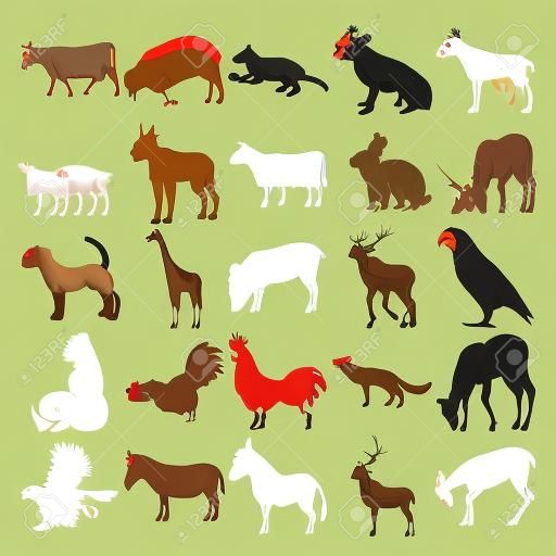 Set di 25 animali. Pecora, Scarafaggio, Mucca, Coniglio, Cane, Giraffa, Maiale, Pappagallo, Gorilla, Gallo, Volpe, Astore, Zebra, Asino, Alce, Cervo.