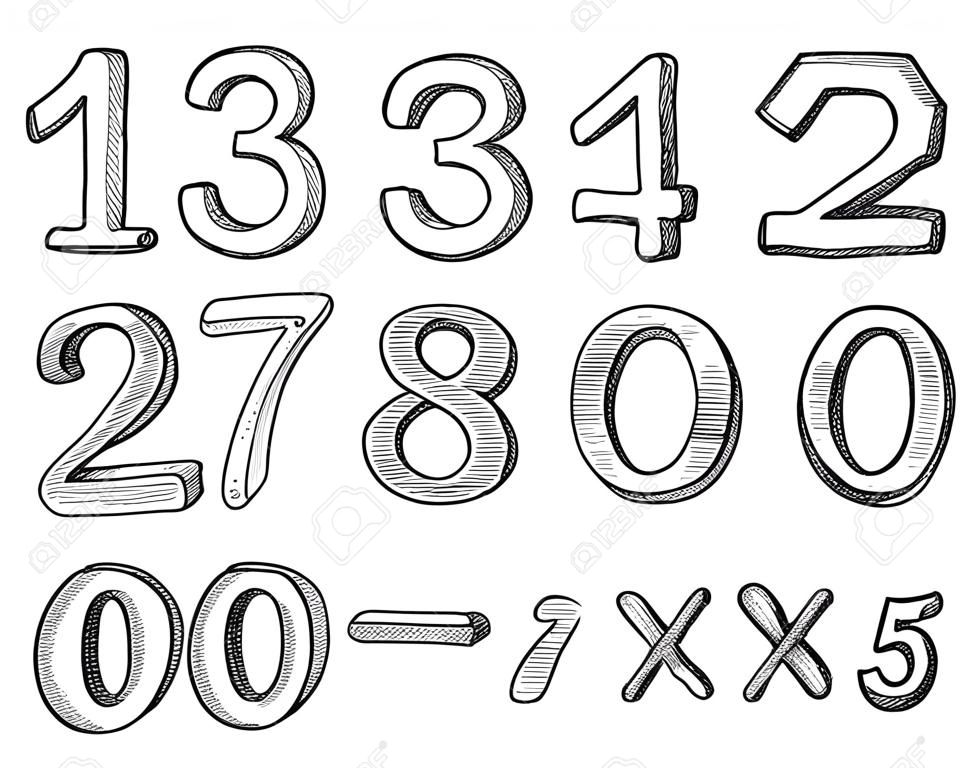 Hand gezeichnete Zahlen und Grundlegendes Mathe Schilder, Vektor-Illustration