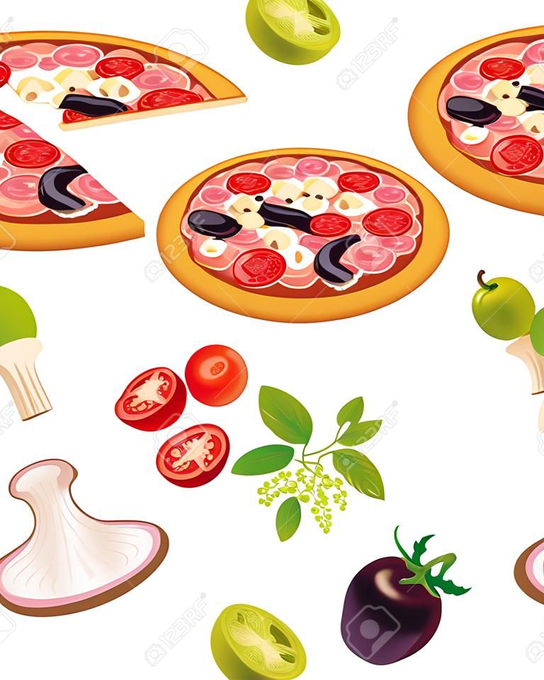 Italian pizza recipe. Cooking pizza with ingredients on white background