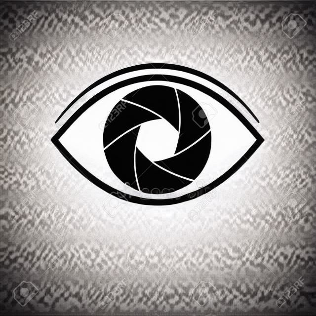 Icona della lente della fotocamera piatta. Macchina fotografica dell'occhio su fondo bianco. Silhouette. Illustrazione vettoriale