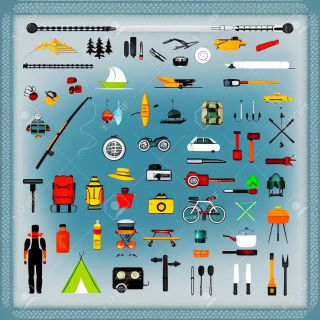 conjunto de vetores camping ícones, equipamento de viagem, tenda, bússola