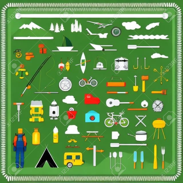 conjunto de vectores iconos de camping, equipo de viaje, tienda, brújula