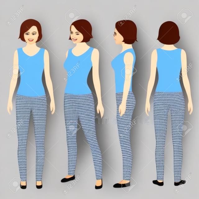 Fashion woman isolated, front, back view, vector illustration