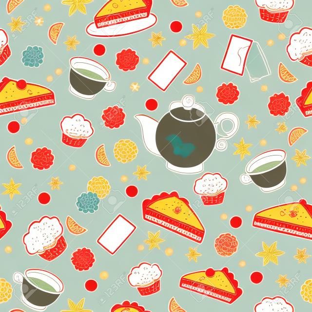 Teatime seamless pattern in doodle retro style