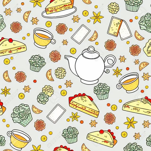 Teatime seamless pattern in doodle retro style