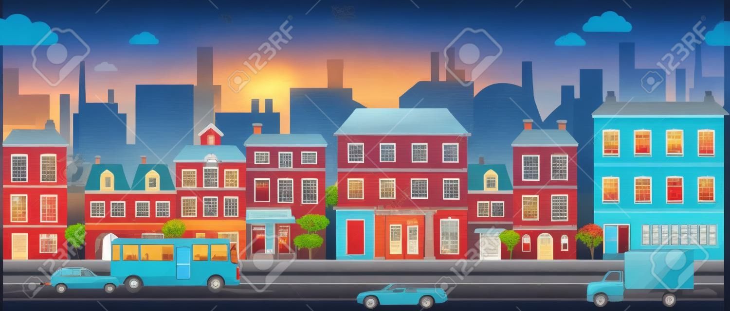 Town panoramic cityscape seamless background in flat style