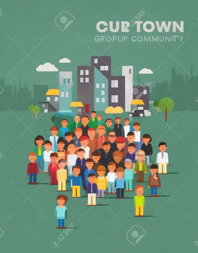 Group of different people in community on town background