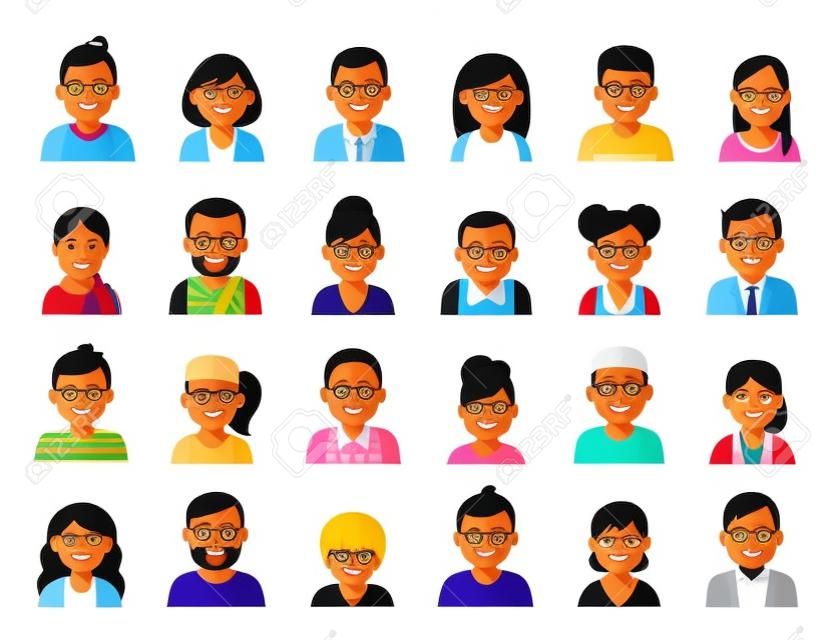Conjunto de avatares de personajes de personas. Diferentes étnicos sonrientes iconos de personas multiculturales. Ilustración de vector de estilo plano aislado sobre fondo blanco