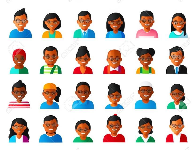 Conjunto de avatares de personajes de personas. Diferentes étnicos sonrientes iconos de personas multiculturales. Ilustración de vector de estilo plano aislado sobre fondo blanco