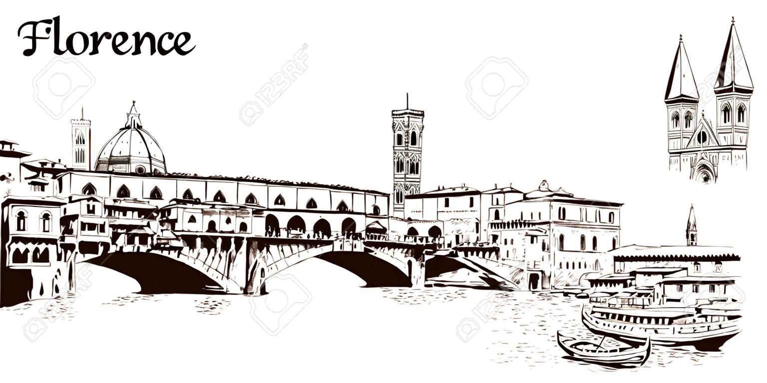 Conjunto de símbolos de Florencia silhuettes. Línea de la ciudad Duomo Santa María del Fiore, Palazzo Vecchio.
