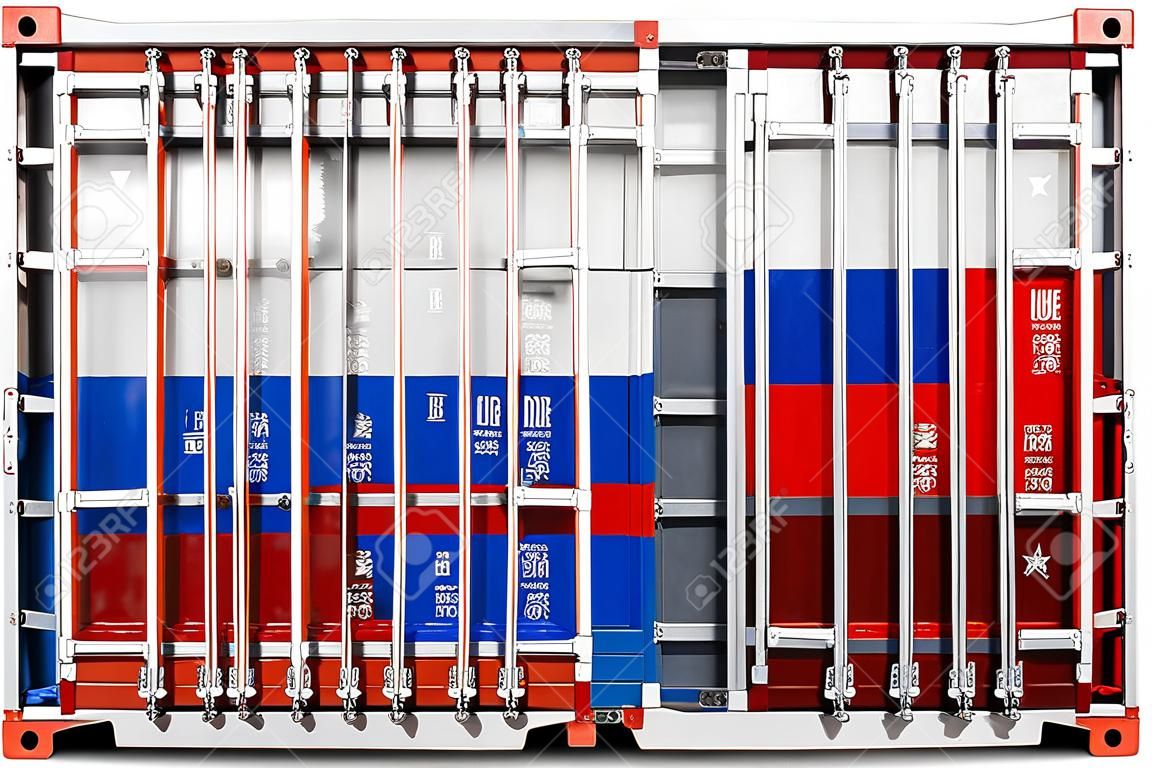Pojęcie rosyjskiego eksportu-importu i krajowej dostawy towarów. zbliżenie pojemnika z flagą narodową Rosji na na białym tle.