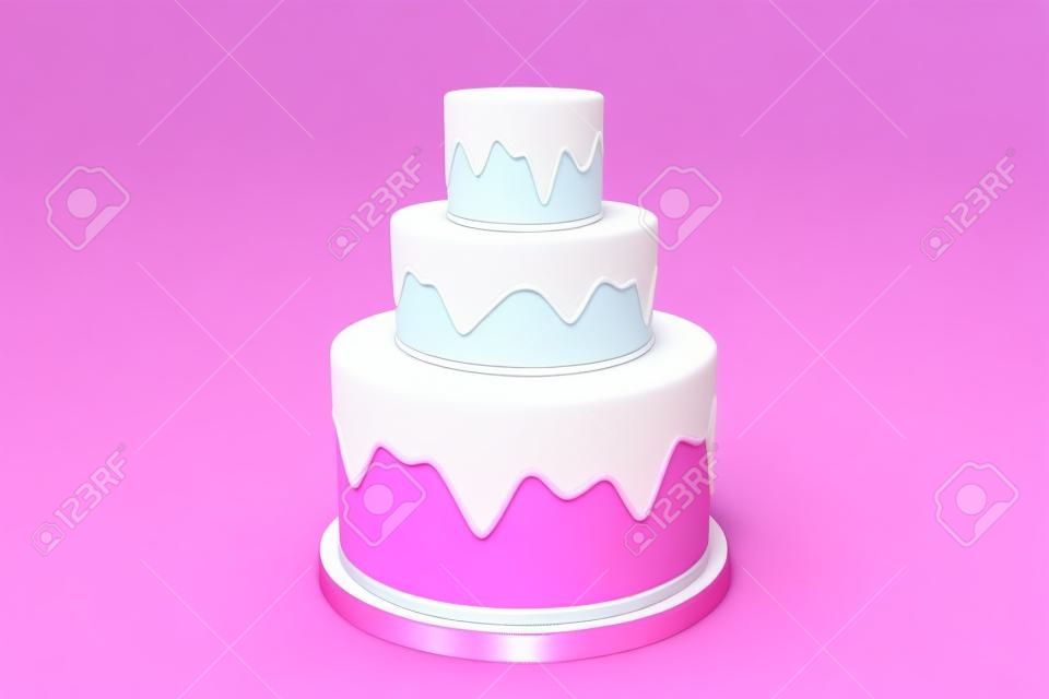 3D rendering three-tier wedding cake. Ð¡lose-up of the pink isosceles pyramid, pedestal. A scene from circles on a pink background