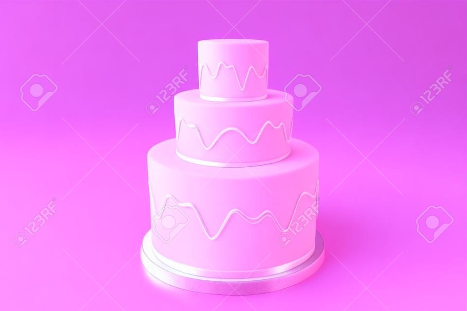 3D rendering three-tier wedding cake. Ð¡lose-up of the pink isosceles pyramid, pedestal. A scene from circles on a pink background