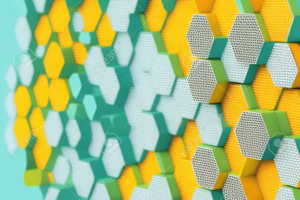 3d illustration of a pattern of simple geometric hexagonal shapes, mosaic background. Bee honeycomb concept, Beehive
