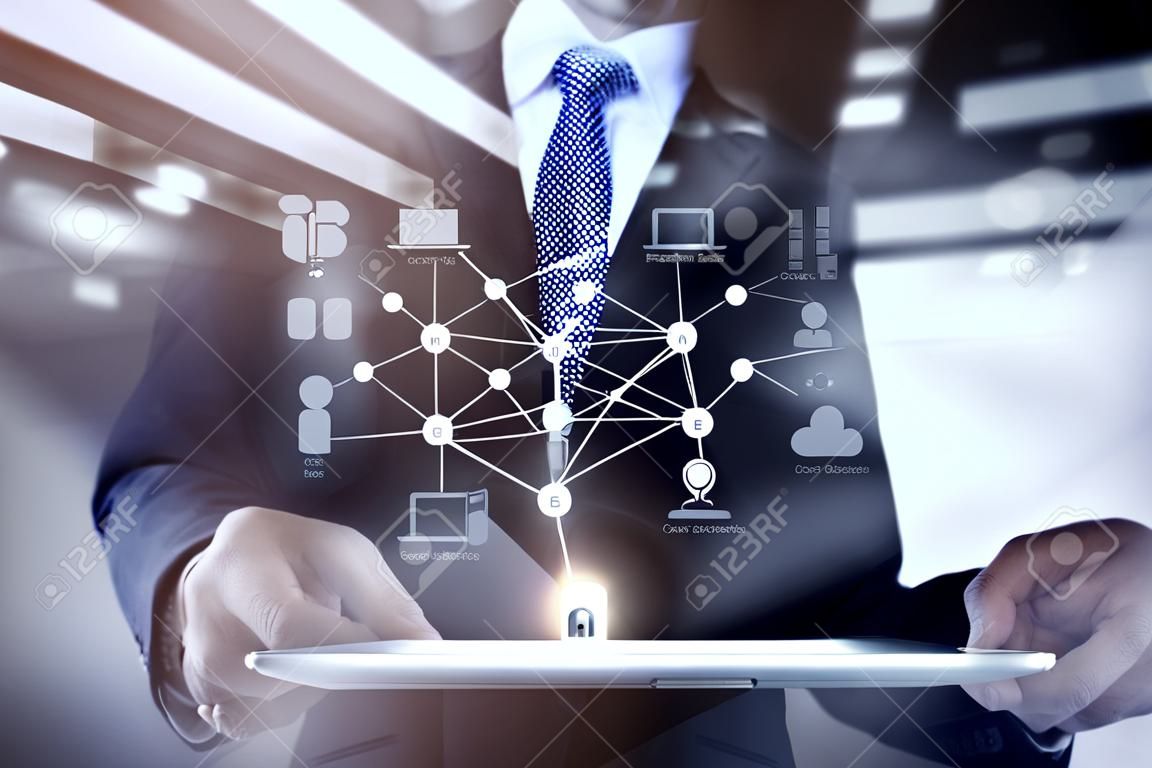 Double exposure of businessman working with digital tablet computer show social network structure and bokeh exposure
