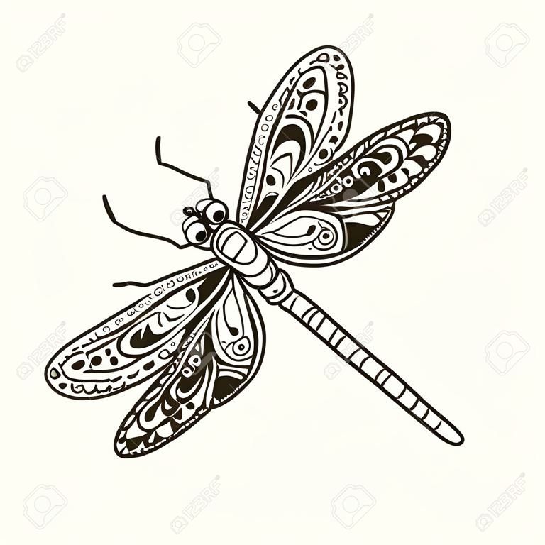 Libélula. Animales Dibujado a mano doodle de insectos. Ilustración de vector estampado étnico Diseño africano, indio, tótem, tribal. Boceto para colorear adultos, tatuajes, carteles, estampados o camisetas.