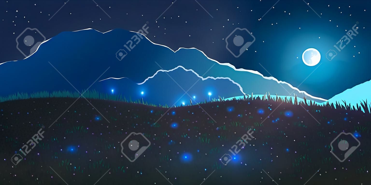 Vector meadow and flowers at night. Moon, clouds and glowworms.