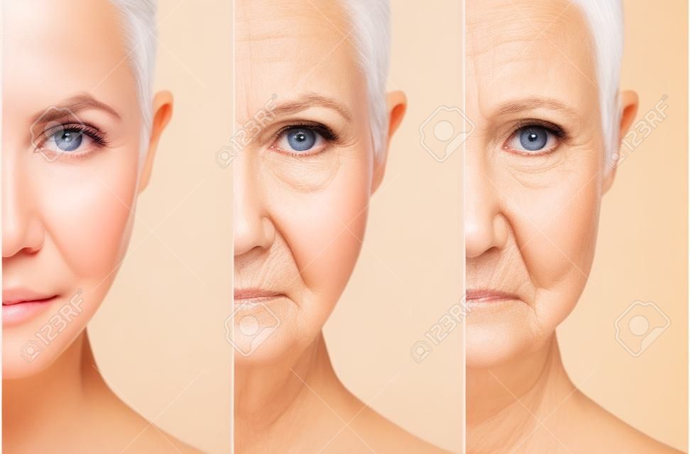Pojęcie starzenia i pielęgnacji skóry. twarz młodej kobiety i starej kobiety ze zmarszczkami