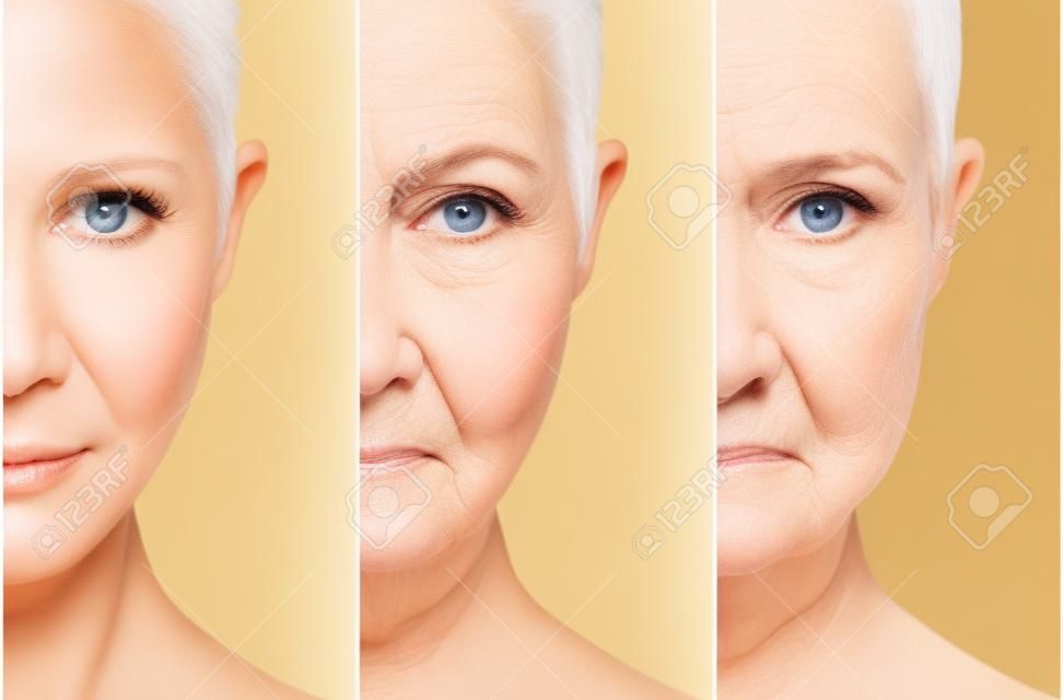 concepto de envejecimiento y cuidado de la piel. rostro de mujer joven y una anciana con arrugas