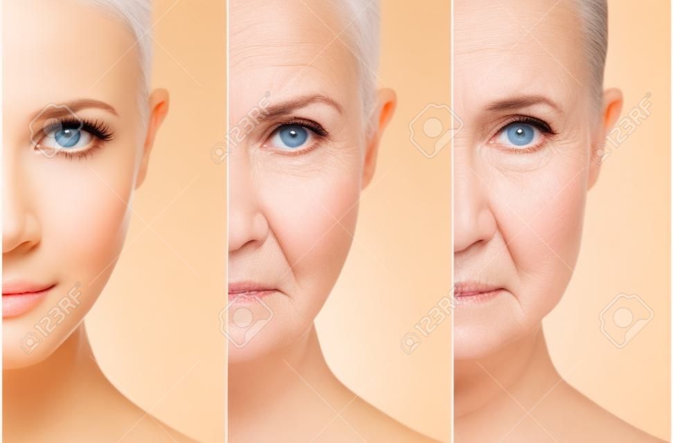 concepto de envejecimiento y cuidado de la piel. rostro de mujer joven y una anciana con arrugas