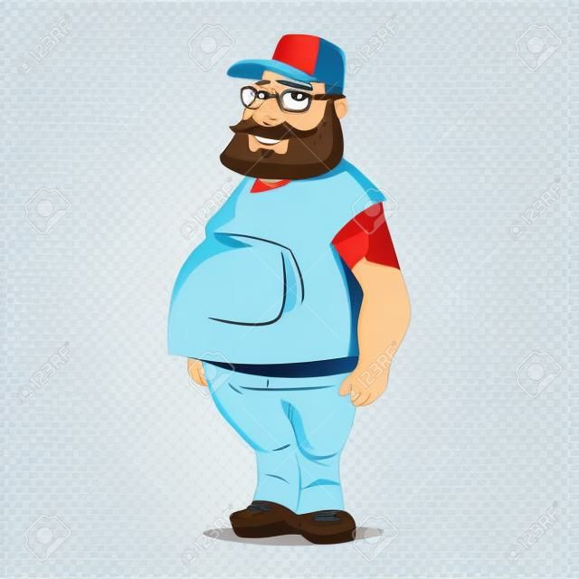 funny cartoon character, truck driver with beard in trucker cap, vector color illustration