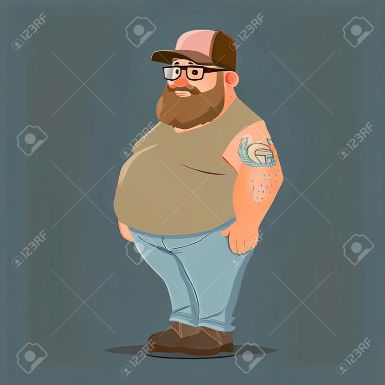 funny cartoon character, truck driver with beard in trucker cap, vector color illustration