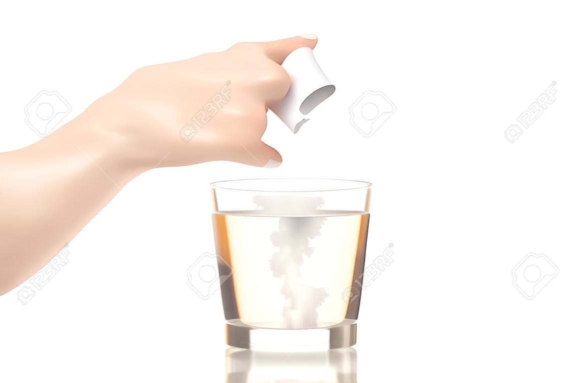 Bicchiere da acqua solubile della droga della polvere della medicina solubile su isolamento bianco del fondo