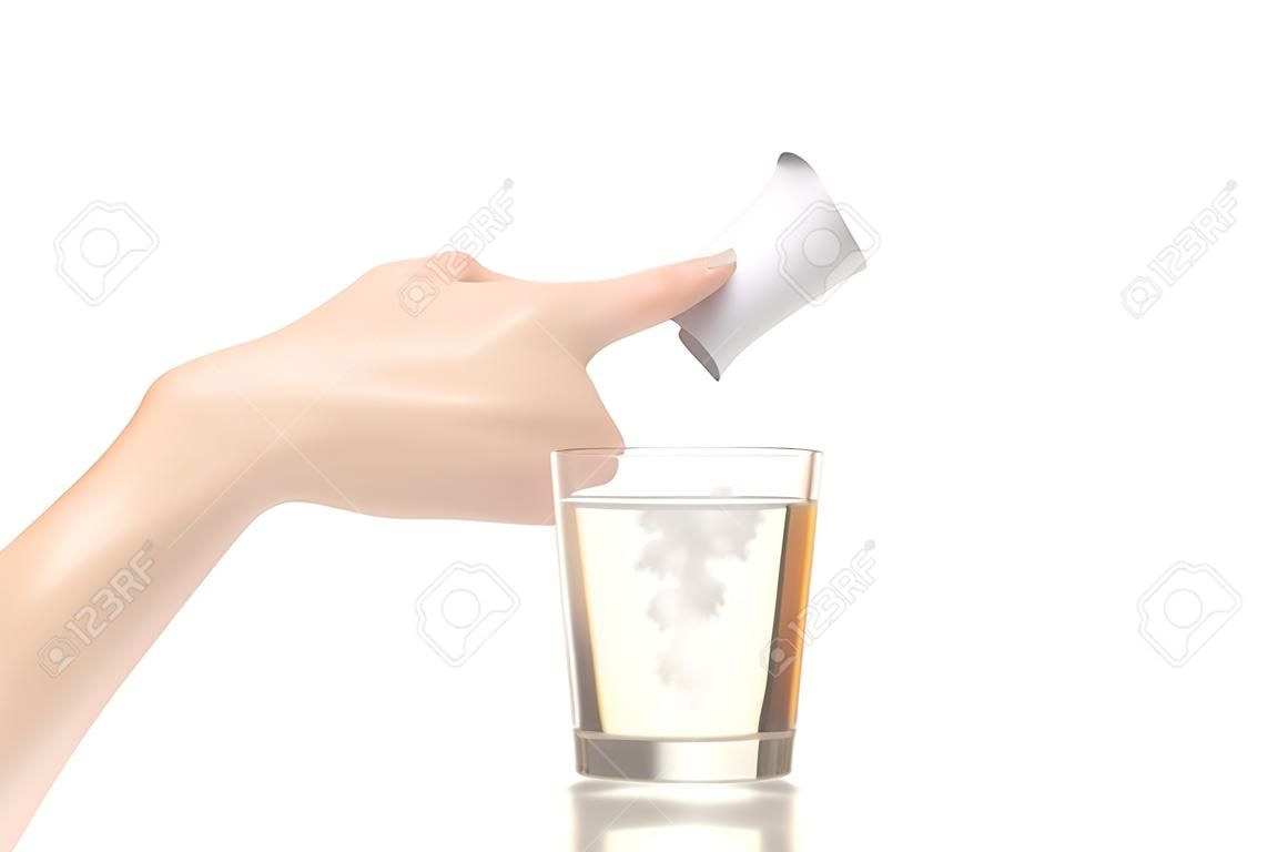 Bicchiere da acqua solubile della droga della polvere della medicina solubile su isolamento bianco del fondo