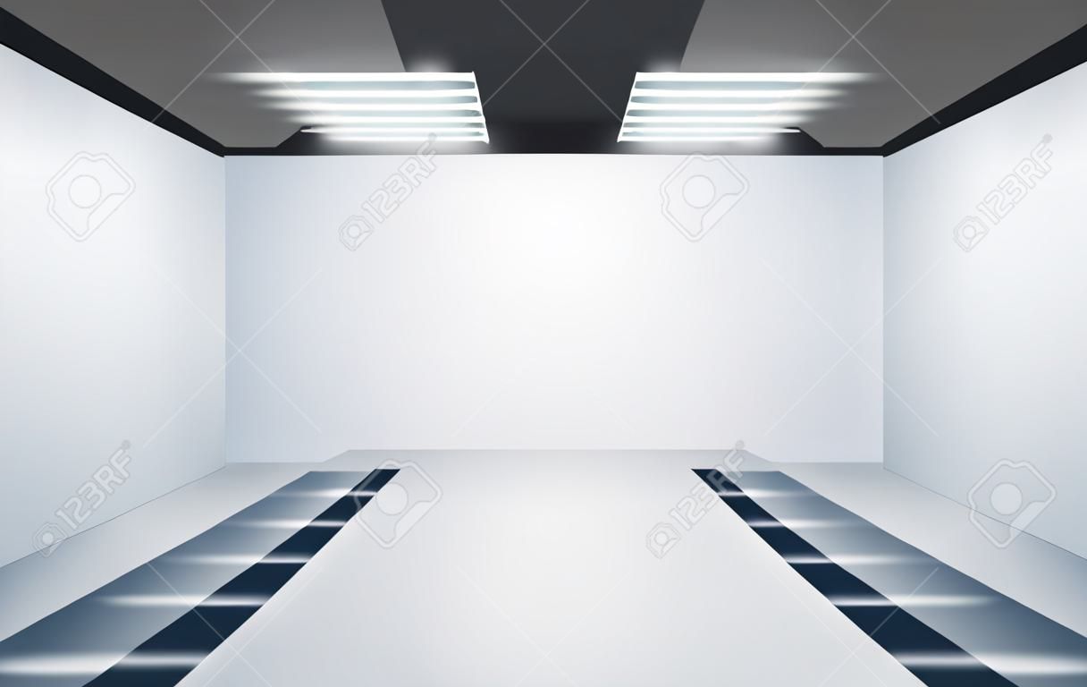 Exhibition empty 3D room with bright lighting. Presentation of cars, motorcycles, retro, valuables. Vector illustration for your business projects.