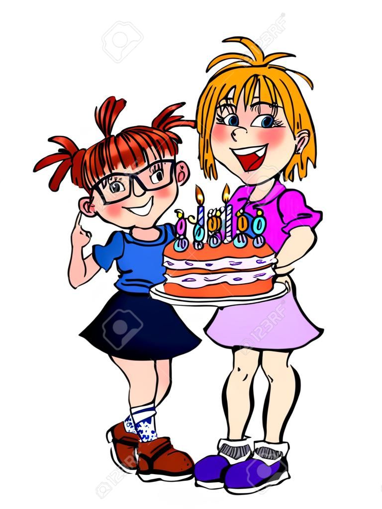 deux filles avec le gâteau d'anniversaire