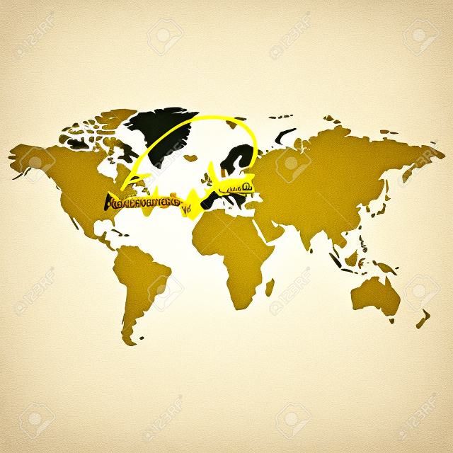 世界の黄色い地図は。航空機。パリとニューヨーク。白い背景の分離ベクトル オブジェクト。