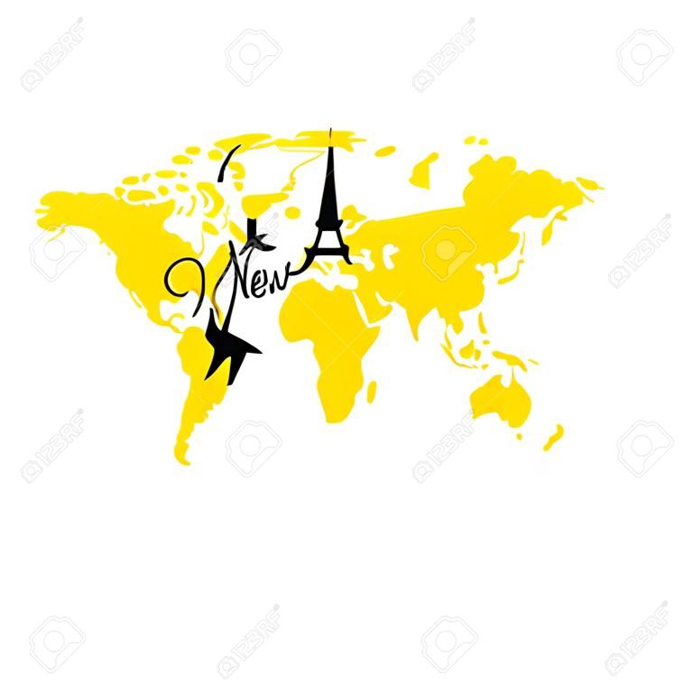 世界の黄色い地図は。航空機。パリとニューヨーク。白い背景の分離ベクトル オブジェクト。
