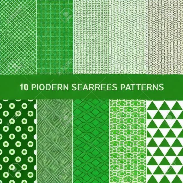 10 Moderne naadloze geometrische patronen. Decoratieve groene texturen.