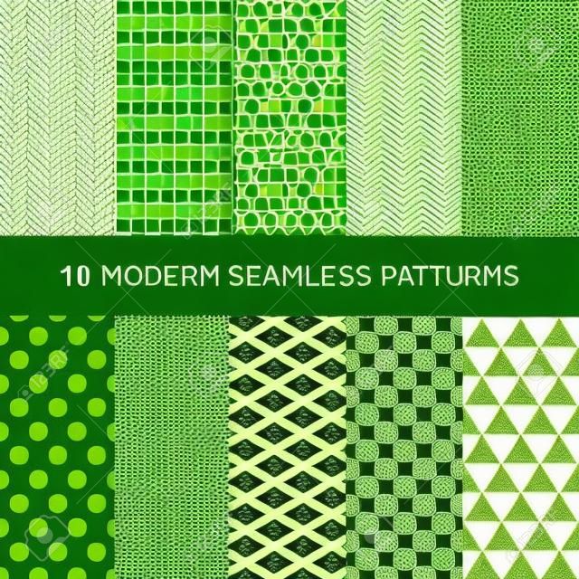 10 Modern zökkenőmentes geometrikus minták. Dekoratív zöld textúrák.