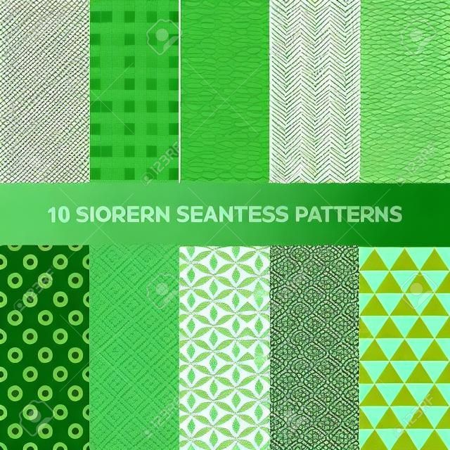 10 padrões geométricos modernos sem costura. Texturas verdes decorativas.