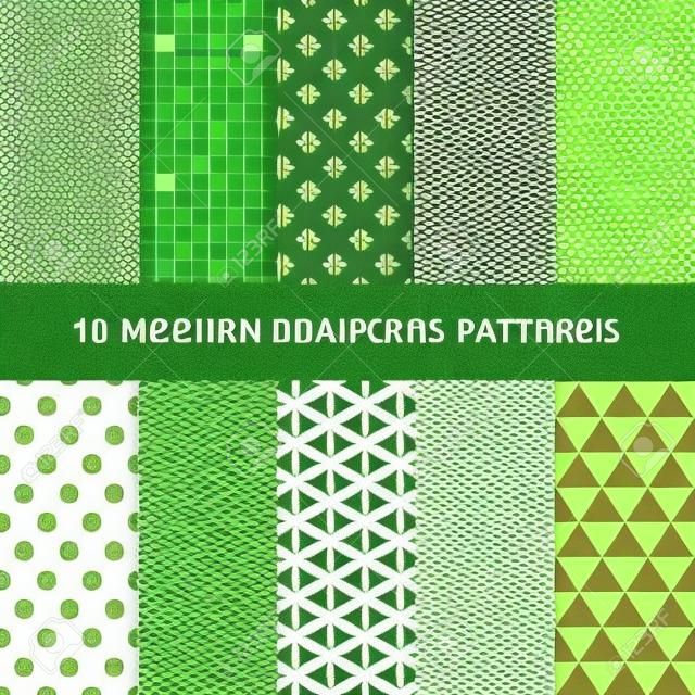 10 Modern zökkenőmentes geometrikus minták. Dekoratív zöld textúrák.