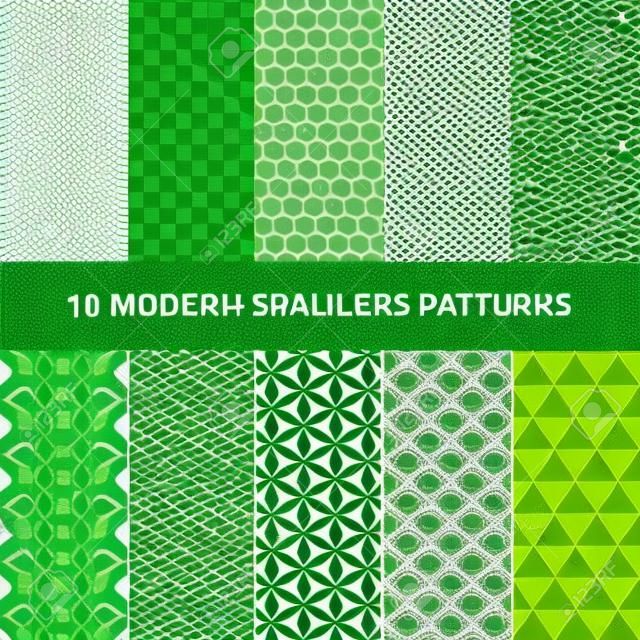 10 Moderne nahtlose geometrische Muster. Dekorative grüne Texturen.