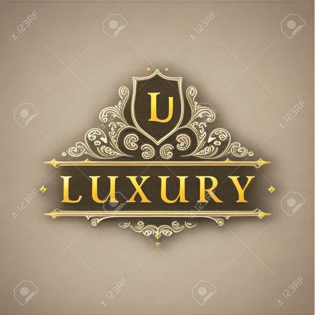 Kalligraphisches Luxuslogo. Emblem elegante Dekorelemente. Weinlesevektorsymbolverzierung L