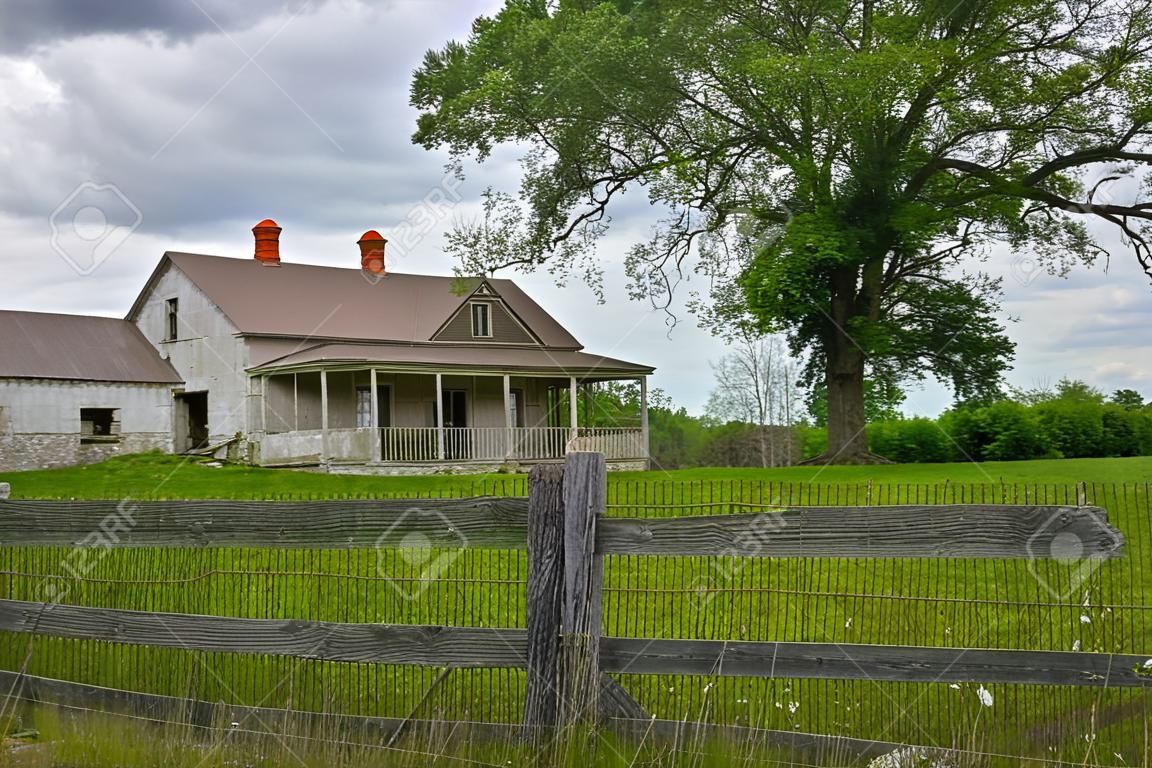Abandoned Rural Farmhouse with Wooden Fence and Large Tree in Yard