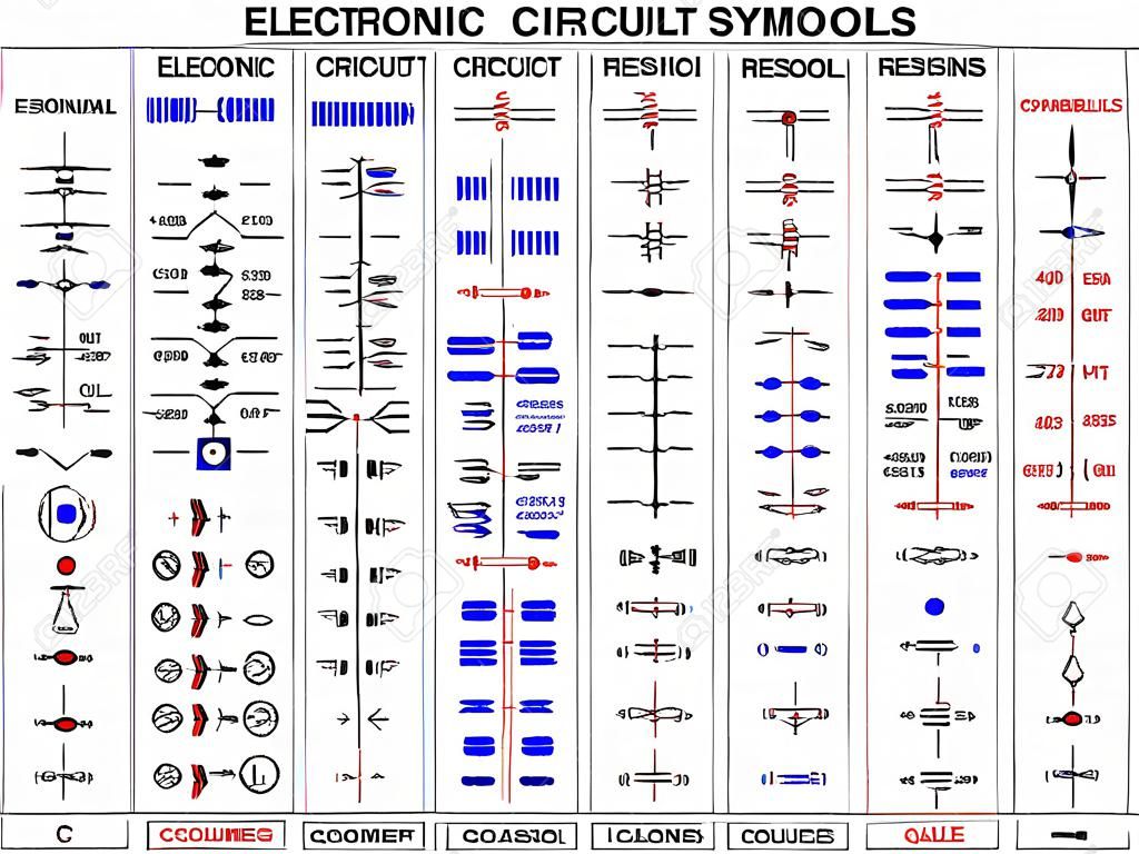 Conjunto completo de símbolos de circuito eletrônico e códigos de resistor