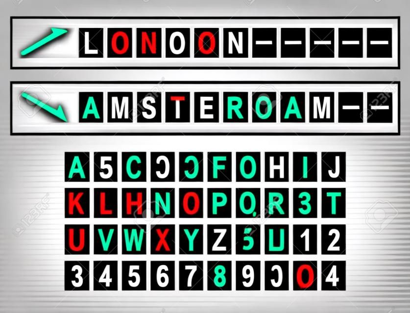 Mechanical departure and arrival board letters and numbers. Flip over vector display font