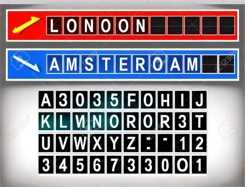 Mechanical departure and arrival board letters and numbers. Flip over vector display font