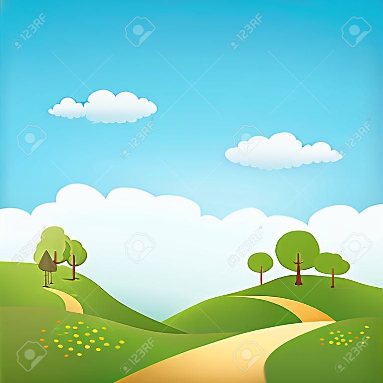 Spring landscape with path through rolling hills vector illustration