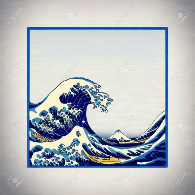 Great Wave Off Kanagawa, after masterpiece by Hokusai, cartoon style vector illustration isolated on white.